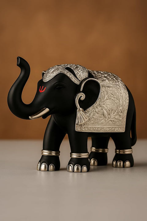 Decorative Black & Silver Elephant Idol Set of 2 – Pure Silver Plated 3 Inch Ganesh? Pooja Room & Vastu Decor, Good Luck & Prosperity Showpiece Gift Set