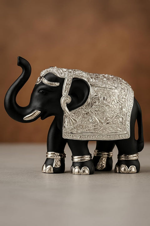 Decorative Black & Silver Elephant Idol Set of 2 – Pure Silver Plated 3 Inch Ganesh? Pooja Room & Vastu Decor, Good Luck & Prosperity Showpiece Gift Set