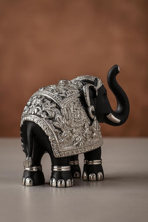 Decorative Black & Silver Elephant Idol Set of 2 – Pure Silver Plated 3 Inch Ganesh? Pooja Room & Vastu Decor, Good Luck & Prosperity Showpiece Gift Set