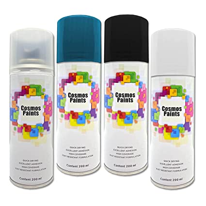 Cosmos Paints Clear Lacquer, Blue, Gloss Black & Gloss White Spray Paint 200ml (Pack Of 4 Can)
