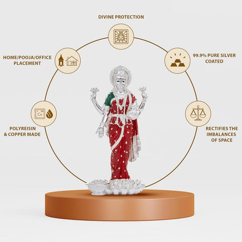 Divine Studio Pure Silver Plated Red & Green Dhan Laxmi Murti for Goodness, Beautiful and Detailed Laxmi Murti Ideal for Worship - Divine Laxmi Idol Symbolizing Prosperity and Wealth - Standing Lakshmi Devi Idol - 10 Inch