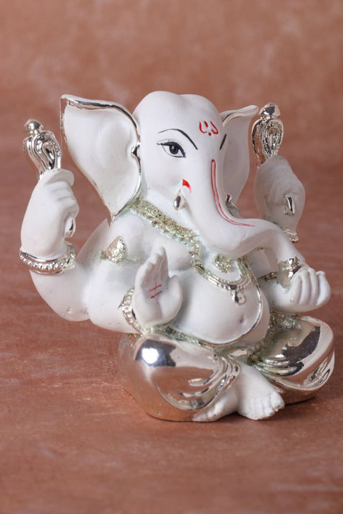Divine Studio Pure Silver Plated White Big Ears 4 Hands Right Trunk 4 Inches Ganesha