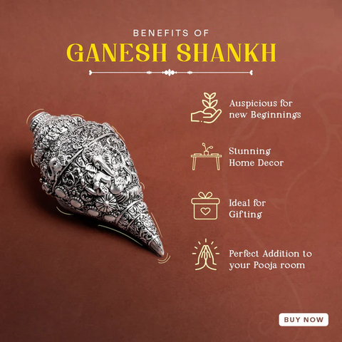 Divine Studio Pure Silver Plated Antique Ganesha Shankh (Conch) for Wealth, Prosperity and  Good Luck