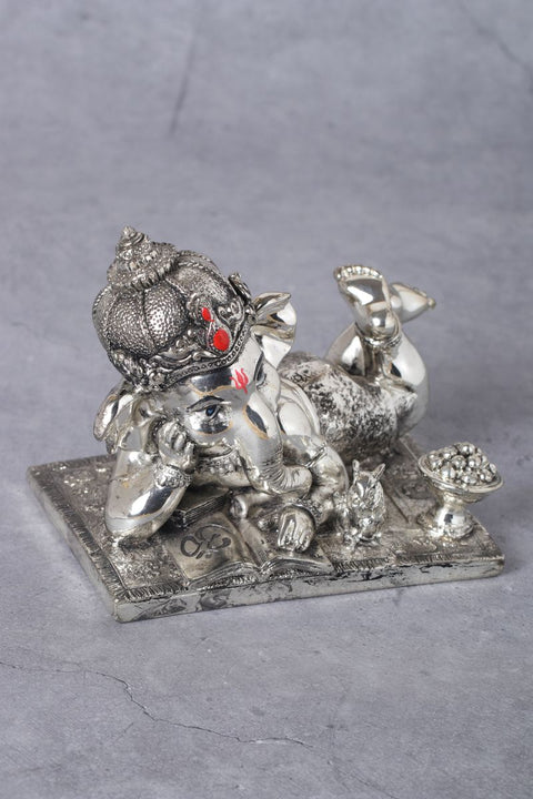 Divine Studio Pure Silver Plated Antique Finished Sleeping Ganesha with Right Trunk 5 inches
