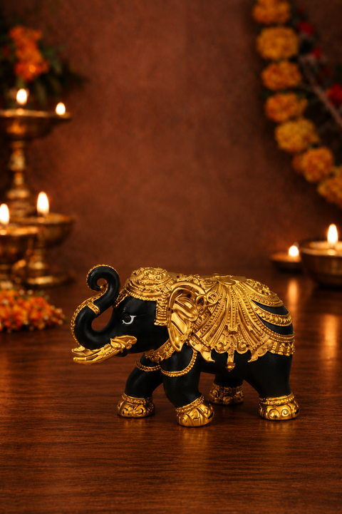 Pure Gold plated and Black coloured 3 inches Elephant for wealth, Heath, Vastu Feng-sui & Home Decor
