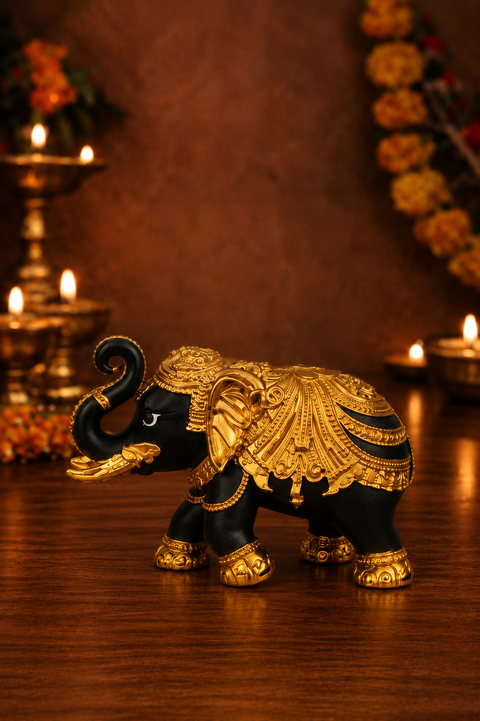 Pure Gold plated and Black coloured 3 inches Elephant for wealth, Heath, Vastu Feng-sui & Home Decor
