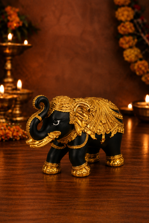Pure Gold plated and Black coloured 3 inches Elephant for wealth, Heath, Vastu Feng-sui & Home Decor
