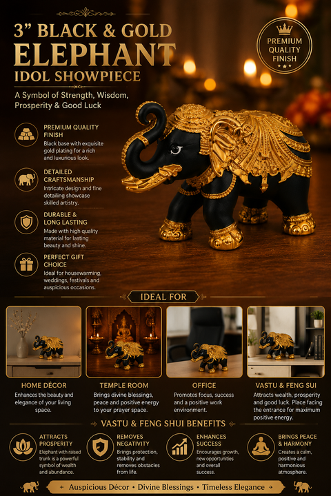 Pure Gold plated and Black coloured 3 inches Elephant for wealth, Heath, Vastu Feng-sui & Home Decor