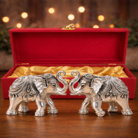 Pure Silver Plated Antique Elephant Set of 2 – 3 Inch Decorative Elephants with Red Designer MDF Luxury Gift Box