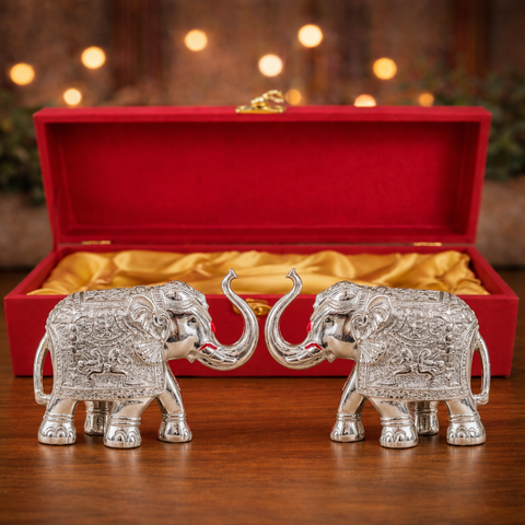 Pure All Over Silver Plated 3 inches Elephant Showpiece for Home, Animal Showpiece set of 2 in Red Luxury Gift Box