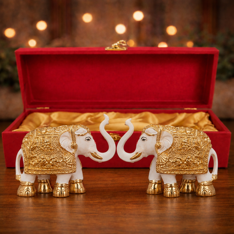 24 Carat Gold Plated Elephant Showpiece Set of 2 – 3 Inch Luxury Decorative Elephants in Red Gift Box