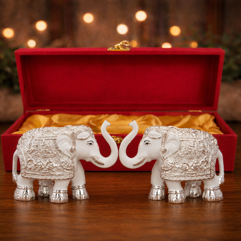Pure Silver Plated White Elephant Figurines Set of 2, 3 Inches | Elegant Decorative Showpiece in Luxurious Red Gift Box | Premium Home Décor & Gift