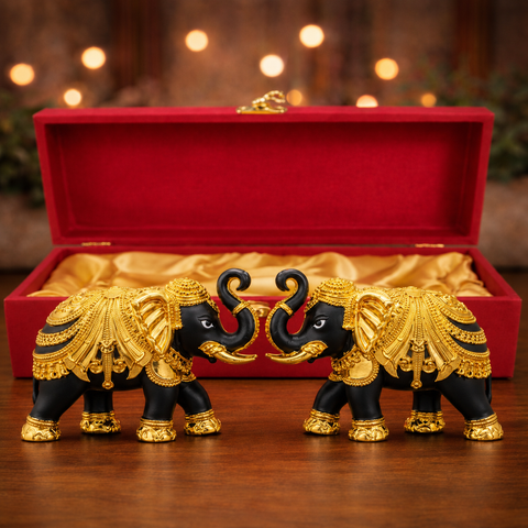 24 Carat Black & Gold Plated Designer Elephant Set of 2 – 3 Inch Luxury Decorative Elephant Figurines for Home Décor with Premium Red Gift Box