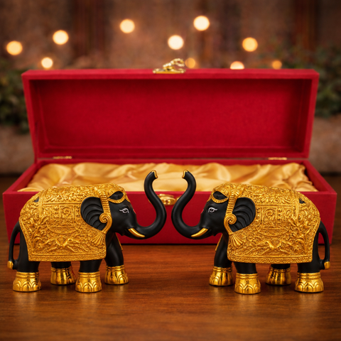 Decorative Black & Gold Elephant Idol Set of 2 in Premium Gift Box– 24K Gold Plated, 3 Inch Temple & Pooja Room Décor, Good Luck & Prosperity Showpiece