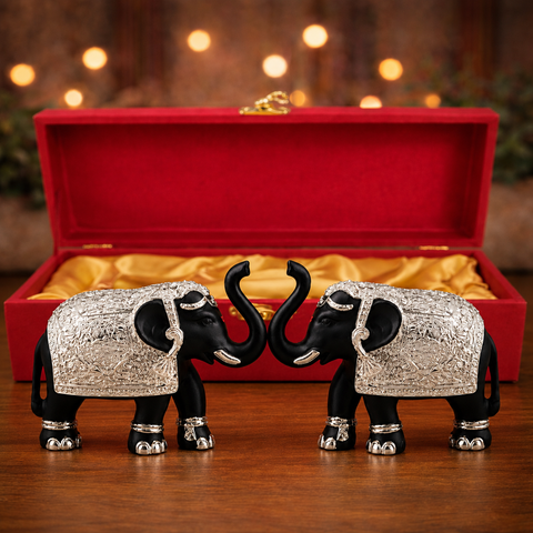 Decorative Black & Silver Elephant Idol Set of 2 – Pure Silver Plated 3 Inch Ganesh? Pooja Room & Vastu Decor, Good Luck & Prosperity Showpiece Gift Set