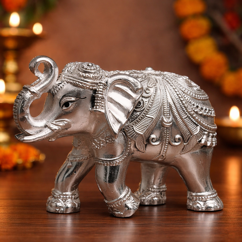 Divine Studio Antique 3 Inches Silver Plated Designer Elephant for Home Décor