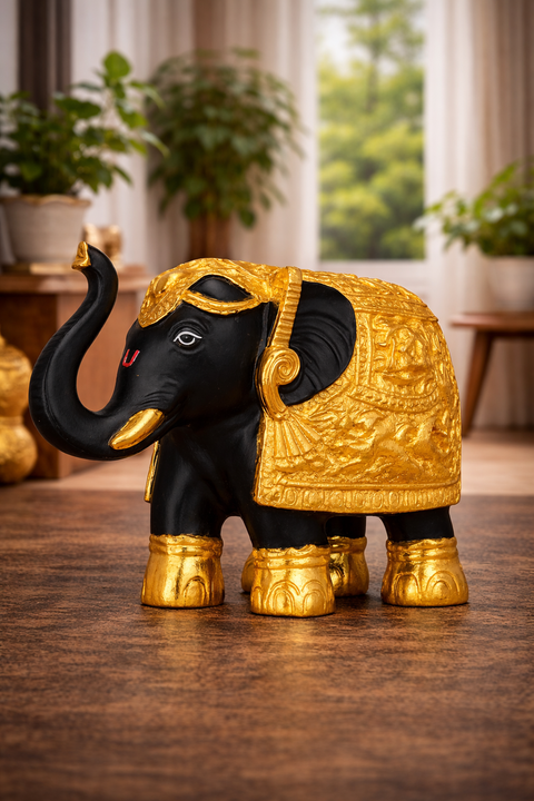 Decorative Black & Gold Elephant Idol Set of 2 in Premium Gift Box– 24K Gold Plated, 3 Inch Temple & Pooja Room Décor, Good Luck & Prosperity Showpiece