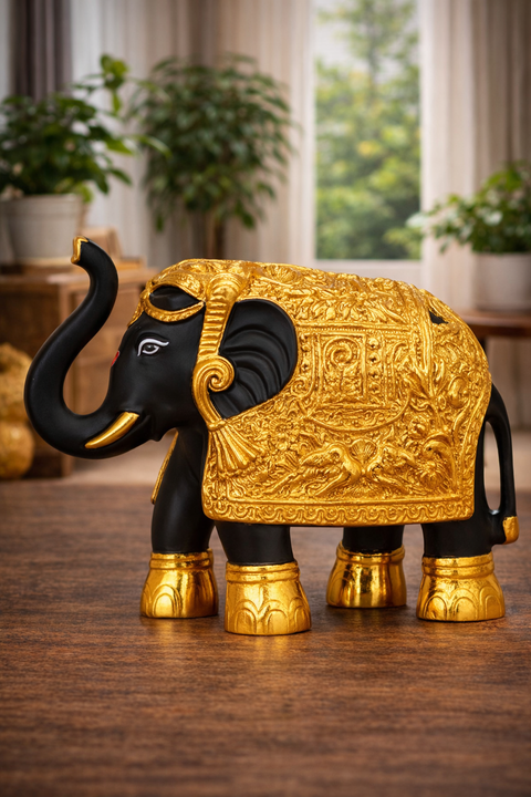 Decorative Black & Gold Elephant Idol Set of 2 in Premium Gift Box– 24K Gold Plated, 3 Inch Temple & Pooja Room Décor, Good Luck & Prosperity Showpiece