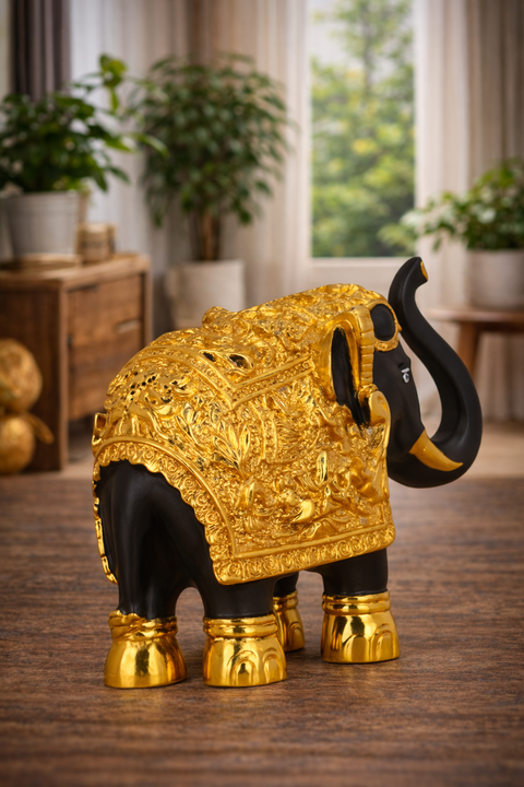 Decorative Black & Gold Elephant Idol Set of 2 in Premium Gift Box– 24K Gold Plated, 3 Inch Temple & Pooja Room Décor, Good Luck & Prosperity Showpiece