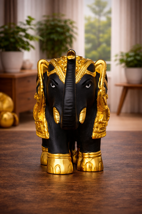 Decorative Black & Gold Elephant Idol Set of 2 in Premium Gift Box– 24K Gold Plated, 3 Inch Temple & Pooja Room Décor, Good Luck & Prosperity Showpiece