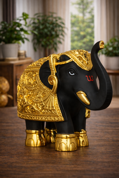 Decorative Black & Gold Elephant Idol Set of 2 in Premium Gift Box– 24K Gold Plated, 3 Inch Temple & Pooja Room Décor, Good Luck & Prosperity Showpiece