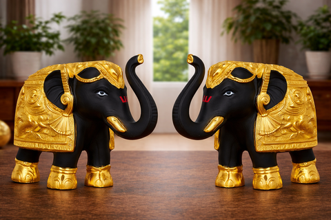 Decorative Black & Gold Elephant Idol Set of 2 in Premium Gift Box– 24K Gold Plated, 3 Inch Temple & Pooja Room Décor, Good Luck & Prosperity Showpiece