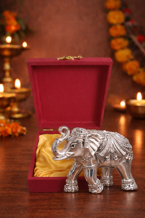 Divine Studio Antique 3 Inches Silver Plated Designer Elephant for Home Décor