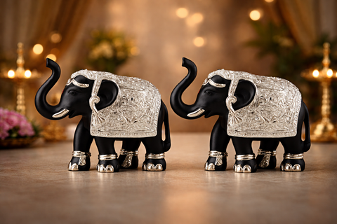 Decorative Black & Silver Elephant Idol Set of 2 – Pure Silver Plated 3 Inch Ganesh? Pooja Room & Vastu Decor, Good Luck & Prosperity Showpiece Gift Set