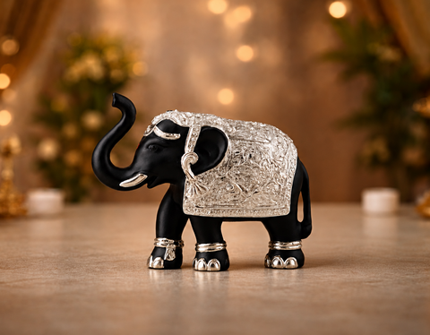 Decorative Black & Silver Elephant Idol Set of 2 – Pure Silver Plated 3 Inch Ganesh? Pooja Room & Vastu Decor, Good Luck & Prosperity Showpiece Gift Set