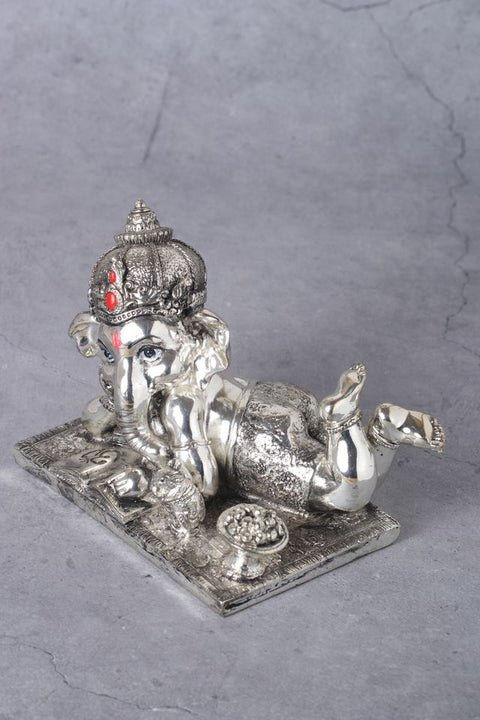 Divine Studio Pure Silver Plated Antique Finished Sleeping Ganesha with Right Trunk 5 inches