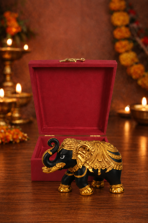 Pure Gold plated and Black coloured 3 inches Elephant for wealth, Heath, Vastu Feng-sui & Home Decor