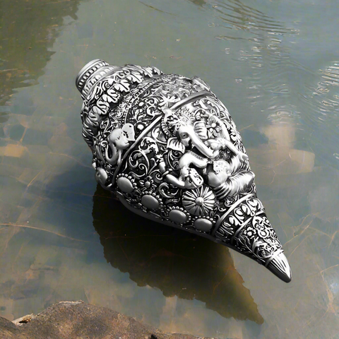 Divine Studio Pure Silver Plated Antique Ganesha Shankh (Conch) for Wealth, Prosperity and  Good Luck