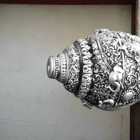 Divine Studio Pure Silver Plated Antique Ganesha Shankh (Conch) for Wealth, Prosperity and  Good Luck