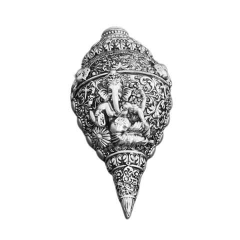 Divine Studio Pure Silver Plated Antique Ganesha Shankh (Conch) for Wealth, Prosperity and  Good Luck