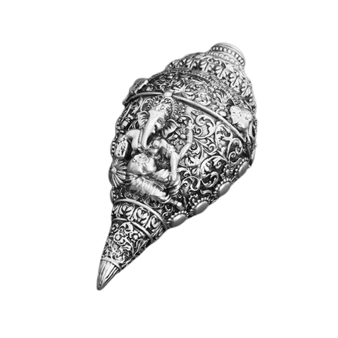 Divine Studio Pure Silver Plated Antique Ganesha Shankh (Conch) for Wealth, Prosperity and  Good Luck