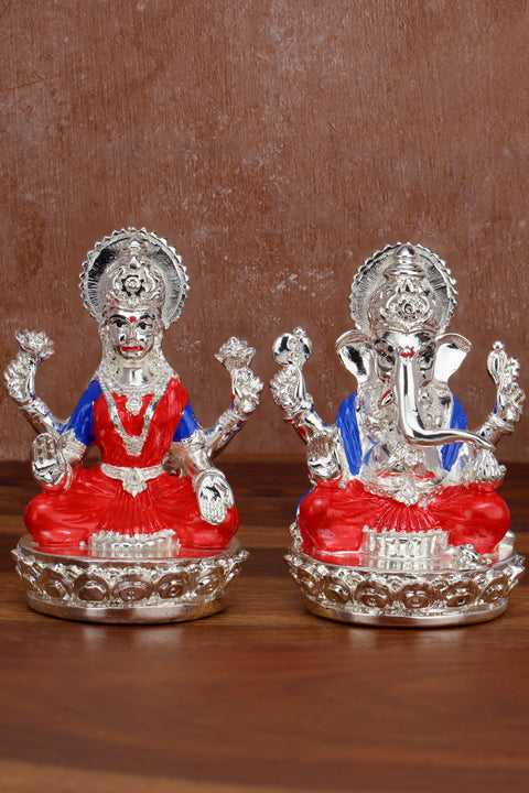 Divine Studio Pure Silver Plated Laxmi Ganesha Pair Goddess Idol | Laxmi Ganesh Murti for Gift, Laxmi Ganesh Idol Set |for Diwali Pooja Sculpture Statue Home, Gifting,Showpiece (3.5 inches Height)(Silver and Enamel)