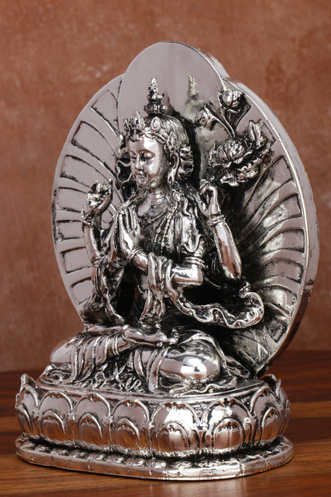 Divine Studio Pure Silver Plated Goddess Tara Idol Religious Statue with Sun Aura for Hinduism and Budhism | Home Décor, Office Desk, Mandir, Temple & Pooja (6inches)