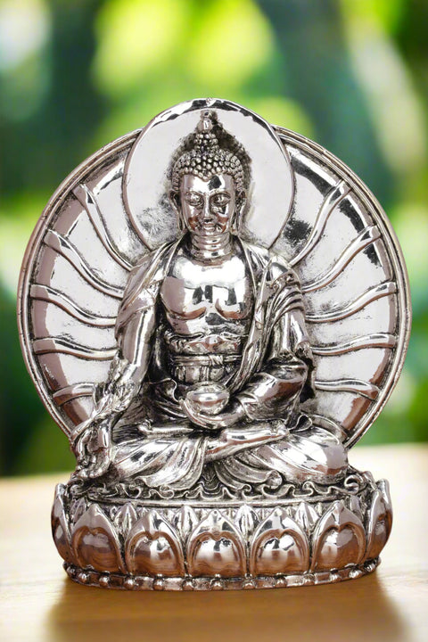 Divine Studio Pure Silver Plated 6 Inches Gautam Buddha with Sun Aura Statue Showpiece Idol Figurine for Feng Sui, Vastu, Home Decor, Office, Diwali, Gifting, Living Room, Bedroom, Study Table