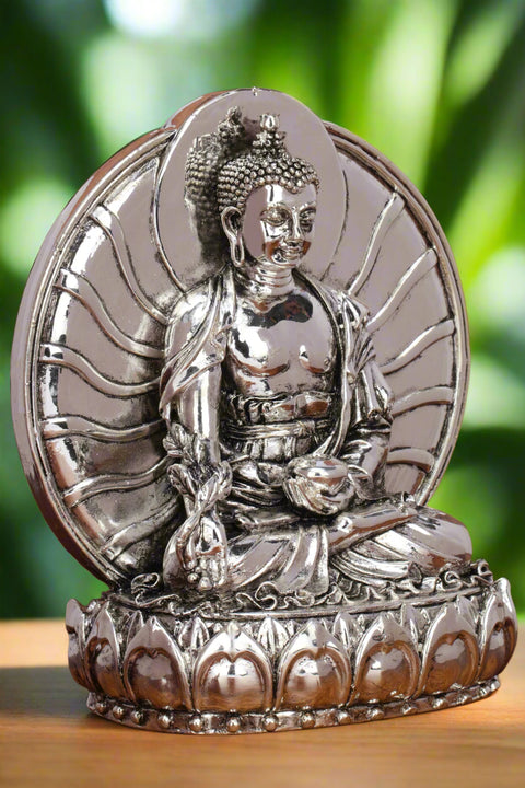 Divine Studio Pure Silver Plated 6 Inches Gautam Buddha with Sun Aura Statue Showpiece Idol Figurine for Feng Sui, Vastu, Home Decor, Office, Diwali, Gifting, Living Room, Bedroom, Study Table