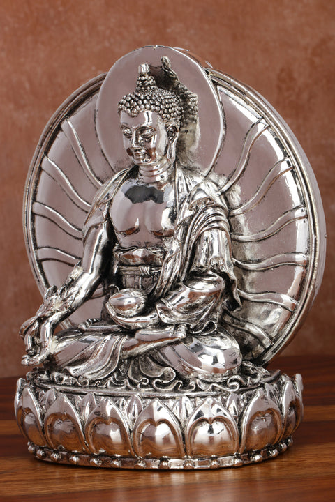 Divine Studio Pure Silver Plated 6 Inches Gautam Buddha with Sun Aura Statue Showpiece Idol Figurine for Feng Sui, Vastu, Home Decor, Office, Diwali, Gifting, Living Room, Bedroom, Study Table