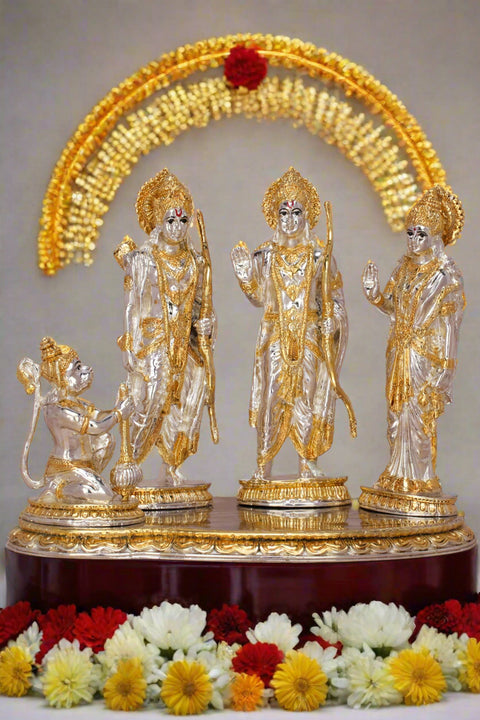 Divine Studio Pure Silver Plated Ram Darbar with Ram, Laxman, Sita and Hanuman Murti Idol Religious Statue for Home Décor, Office Desk, Mandir, Temple & Pooja (19 cm)