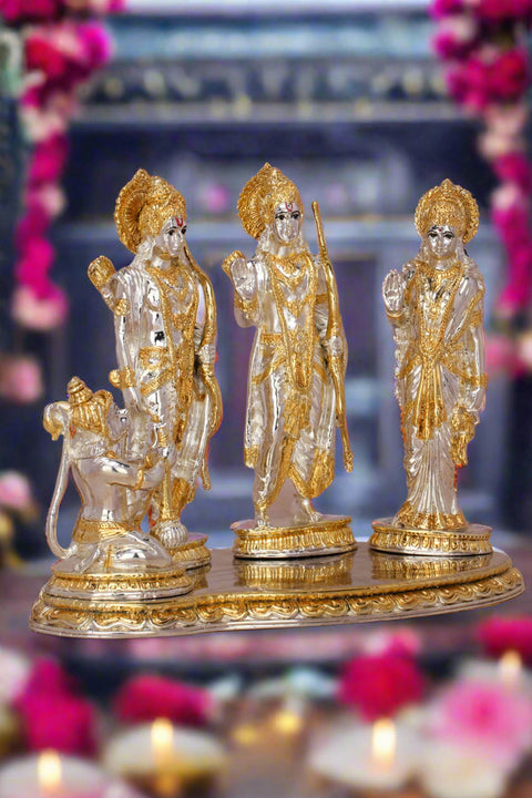 Divine Studio Pure Silver Plated Ram Darbar with Ram, Laxman, Sita and Hanuman Murti Idol Religious Statue for Home Décor, Office Desk, Mandir, Temple & Pooja (19 cm)