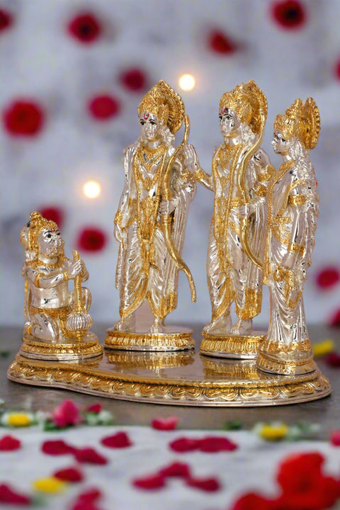 Divine Studio Pure Silver Plated Ram Darbar with Ram, Laxman, Sita and Hanuman Murti Idol Religious Statue for Home Décor, Office Desk, Mandir, Temple & Pooja (19 cm)