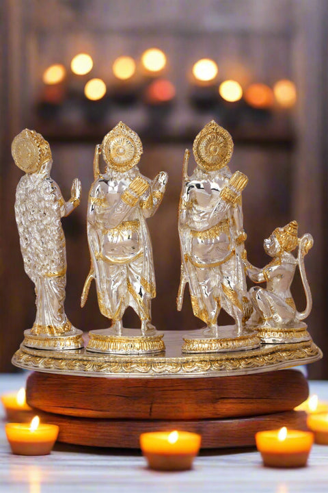 Divine Studio Pure Silver Plated Ram Darbar with Ram, Laxman, Sita and Hanuman Murti Idol Religious Statue for Home Décor, Office Desk, Mandir, Temple & Pooja (19 cm)