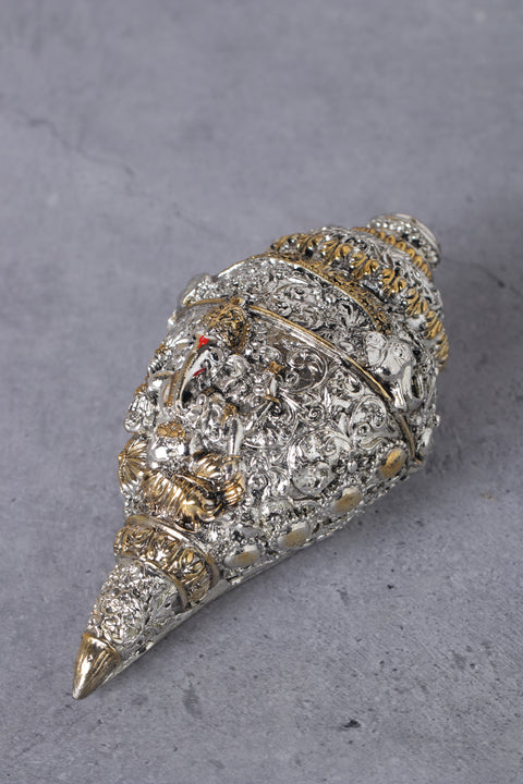 Divine Studio Silver Plated Antique and 24 Carat Gold Plated Ganesha Shankh (Conch) for Prosperity - (5 Inch)