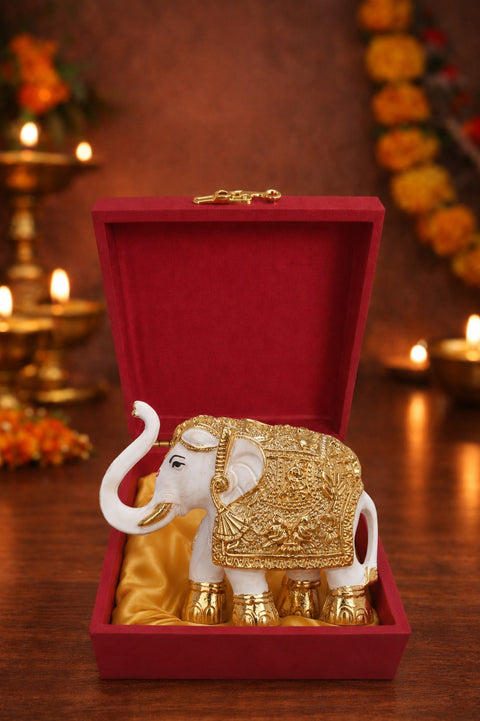 Divine Studio 24Carat Gold Plated Elephant Showpiece for Home, Office Decoration Animal Showpiece Figurines, Tabletop 3 Inch Golden plated & White