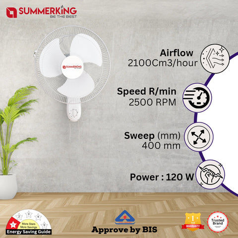Summerking Innox 400mm High Speed | 90 Degree Oscillation Wall Fan with Copper Winding (White)