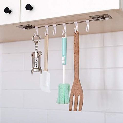Funku Multi-Purpose Rustproof Stainless Steel Rail with 6 Plastic Hooks Bathroom Kitchen Sticker Hanger for Storage Towel Kitchenware Hook Hanger - Multicolour