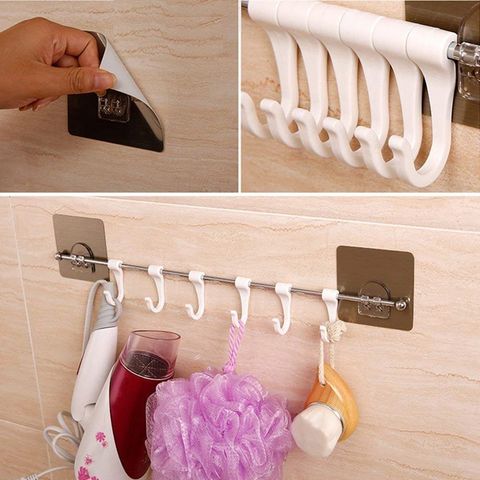 Funku Multi-Purpose Rustproof Stainless Steel Rail with 6 Plastic Hooks Bathroom Kitchen Sticker Hanger for Storage Towel Kitchenware Hook Hanger - Multicolour