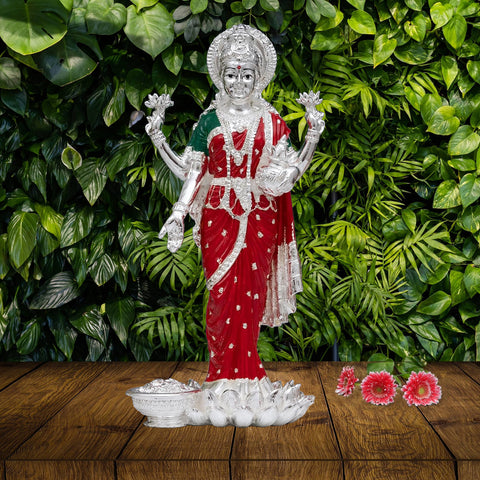 Divine Studio Pure Silver Plated Red & Green Dhan Laxmi Murti for Goodness, Beautiful and Detailed Laxmi Murti Ideal for Worship - Divine Laxmi Idol Symbolizing Prosperity and Wealth - Standing Lakshmi Devi Idol - 10 Inch